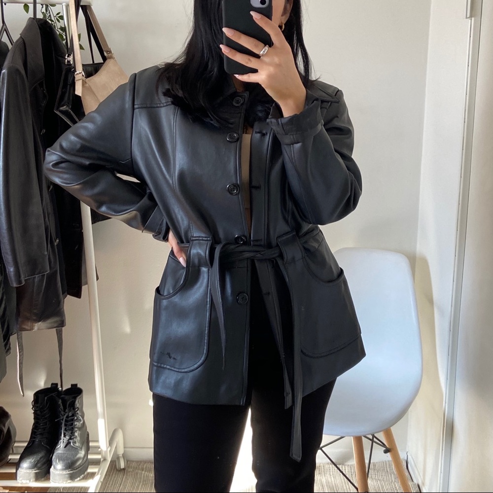 VINTAGE Faux Leather Belted Leather Jacket Size L